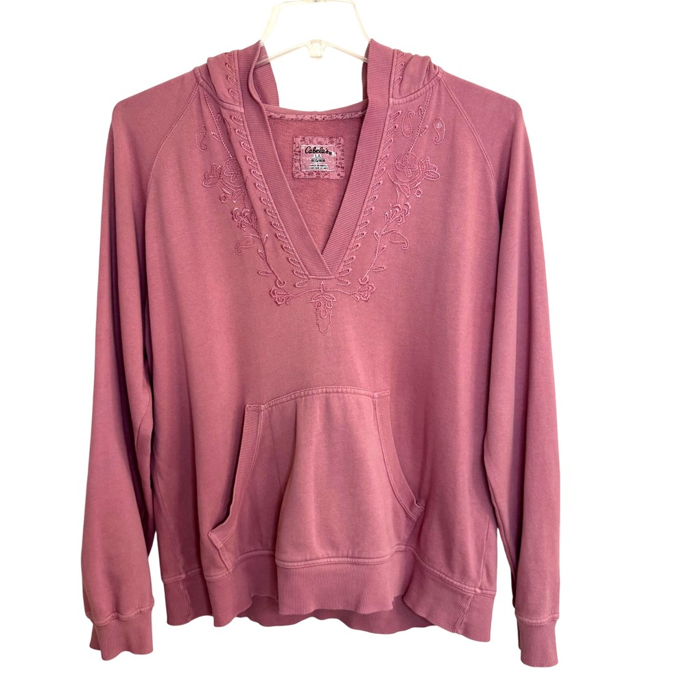Cabela's Pink Floral Embroidered V-Neck Hoodie Pullover Women's Size Large